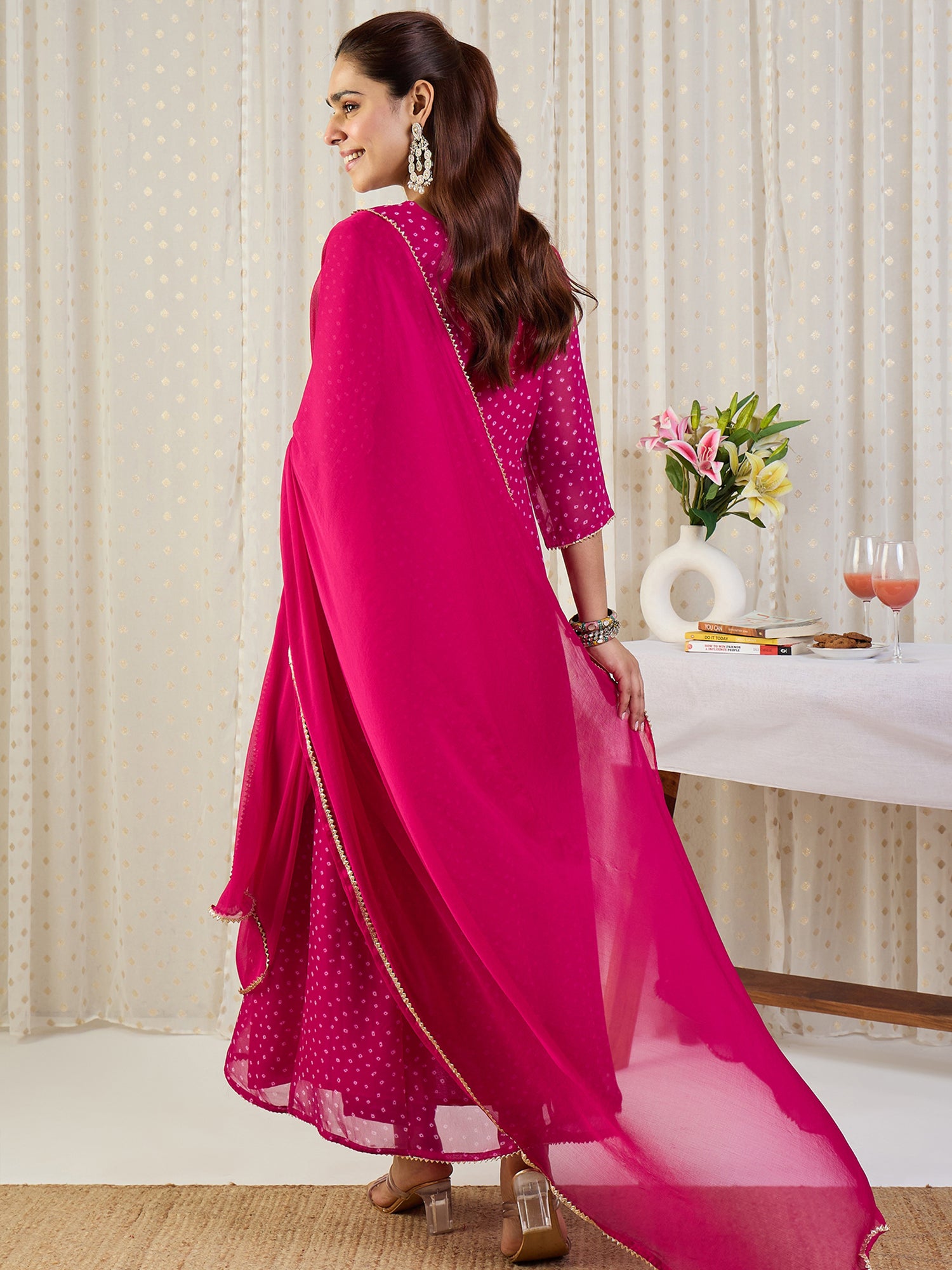 Indo Era Pink Embroidered Anarkali Kurta Trousers With Dupatta set