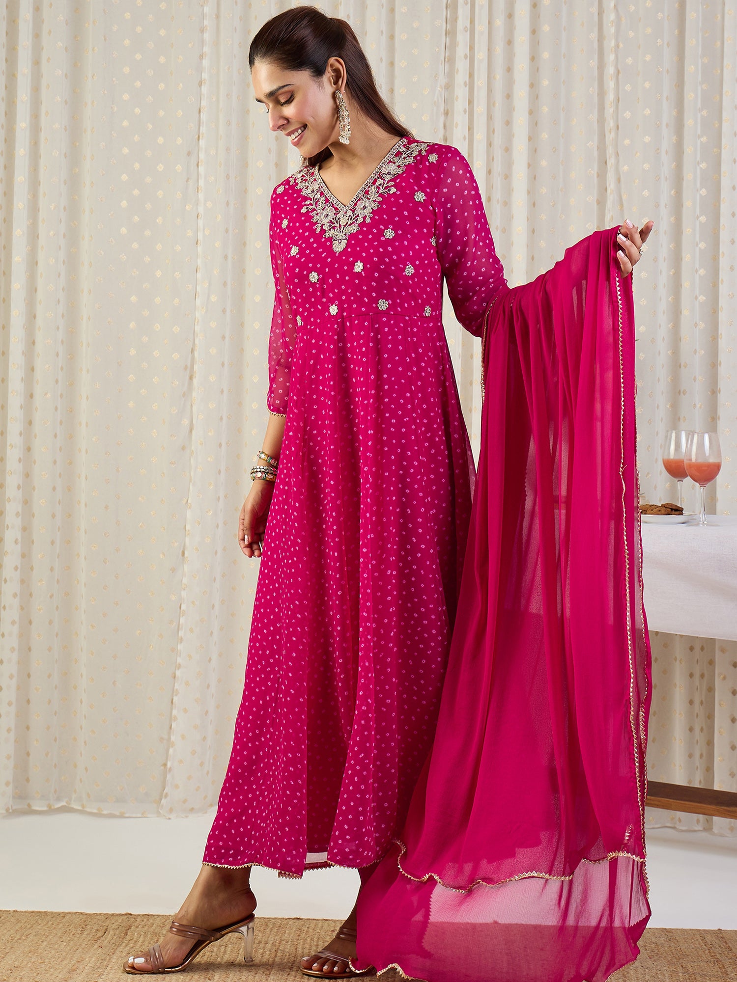 Indo Era Pink Embroidered Anarkali Kurta Trousers With Dupatta set
