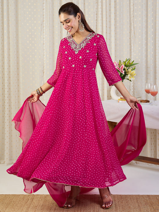 Indo Era Pink Embroidered Anarkali Kurta Trousers With Dupatta set