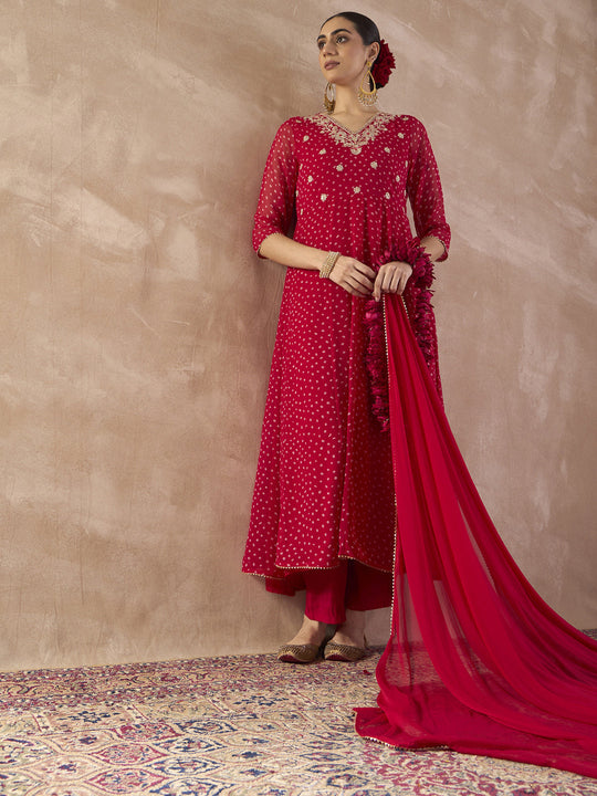 Indo Era Red Embroidered Anarkali Kurta Trousers With Dupatta Set