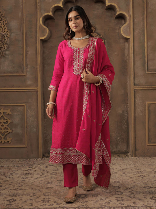 Indo Era Pink Embroidered Straight Kurta Trousers With Dupatta set