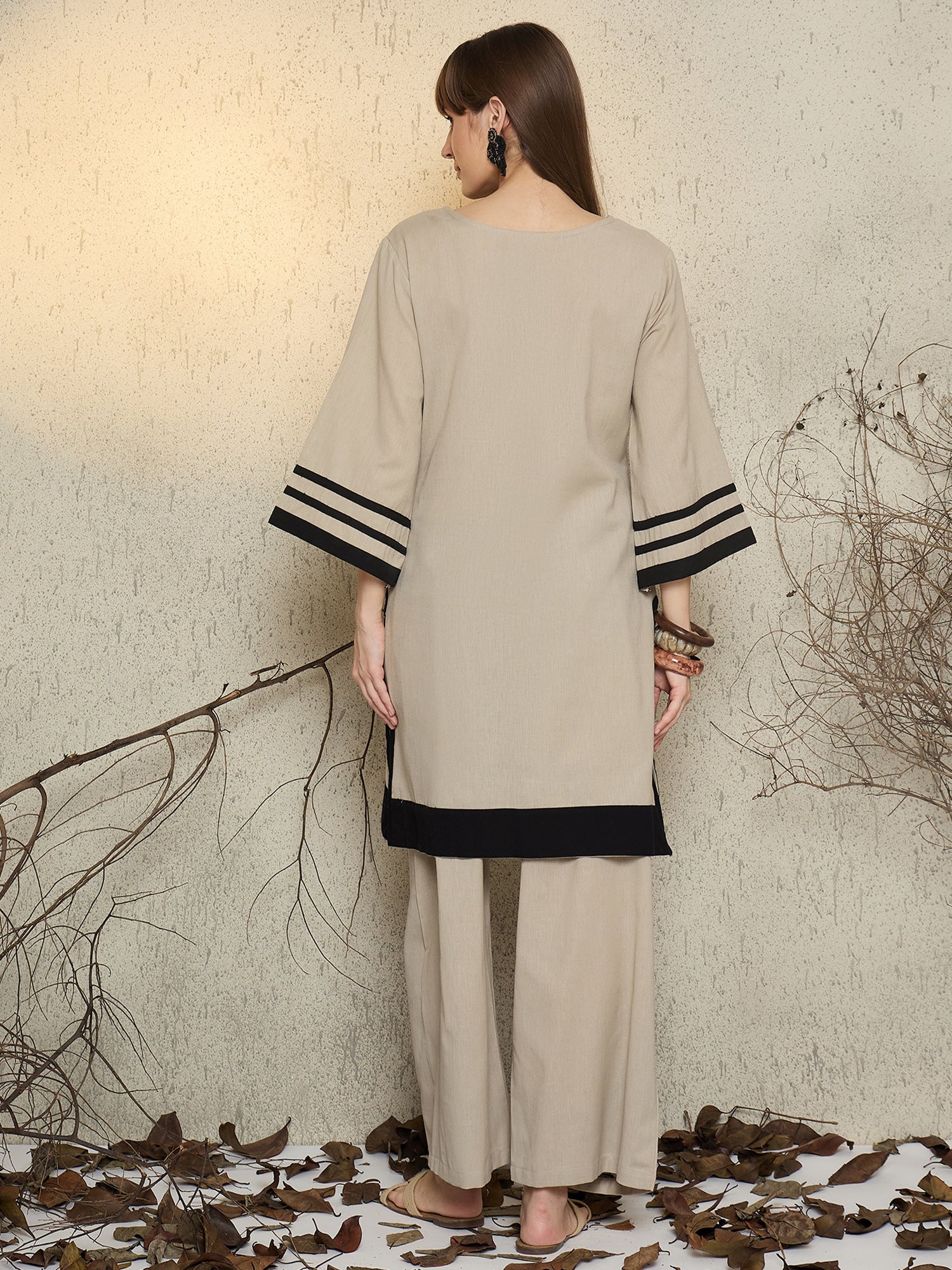 Beige Embroidered Straight Kurta Trouser set