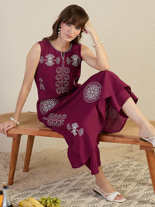 Maroon Embroidered Pure Cotton A-Line Kurta Palazzo Set