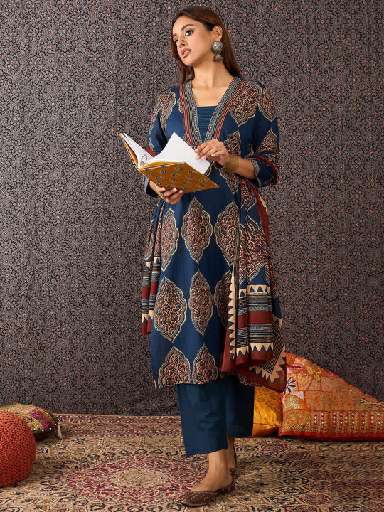 Blue Printed Pure Cotton Straight Kurta Sets With Dupatta