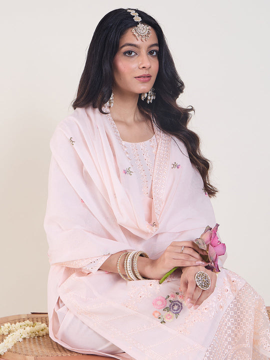 Indo Era Pink Embroidered Straight Kurta Trousers With Dupatta Set