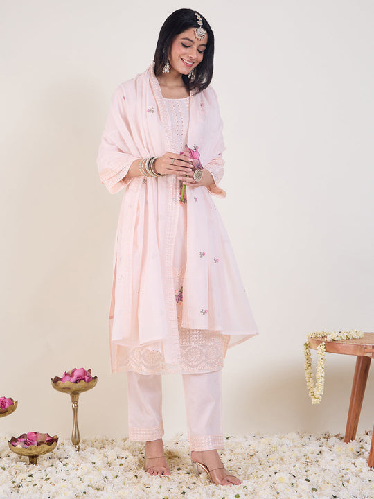 Indo Era Pink Embroidered Straight Kurta Trousers With Dupatta Set