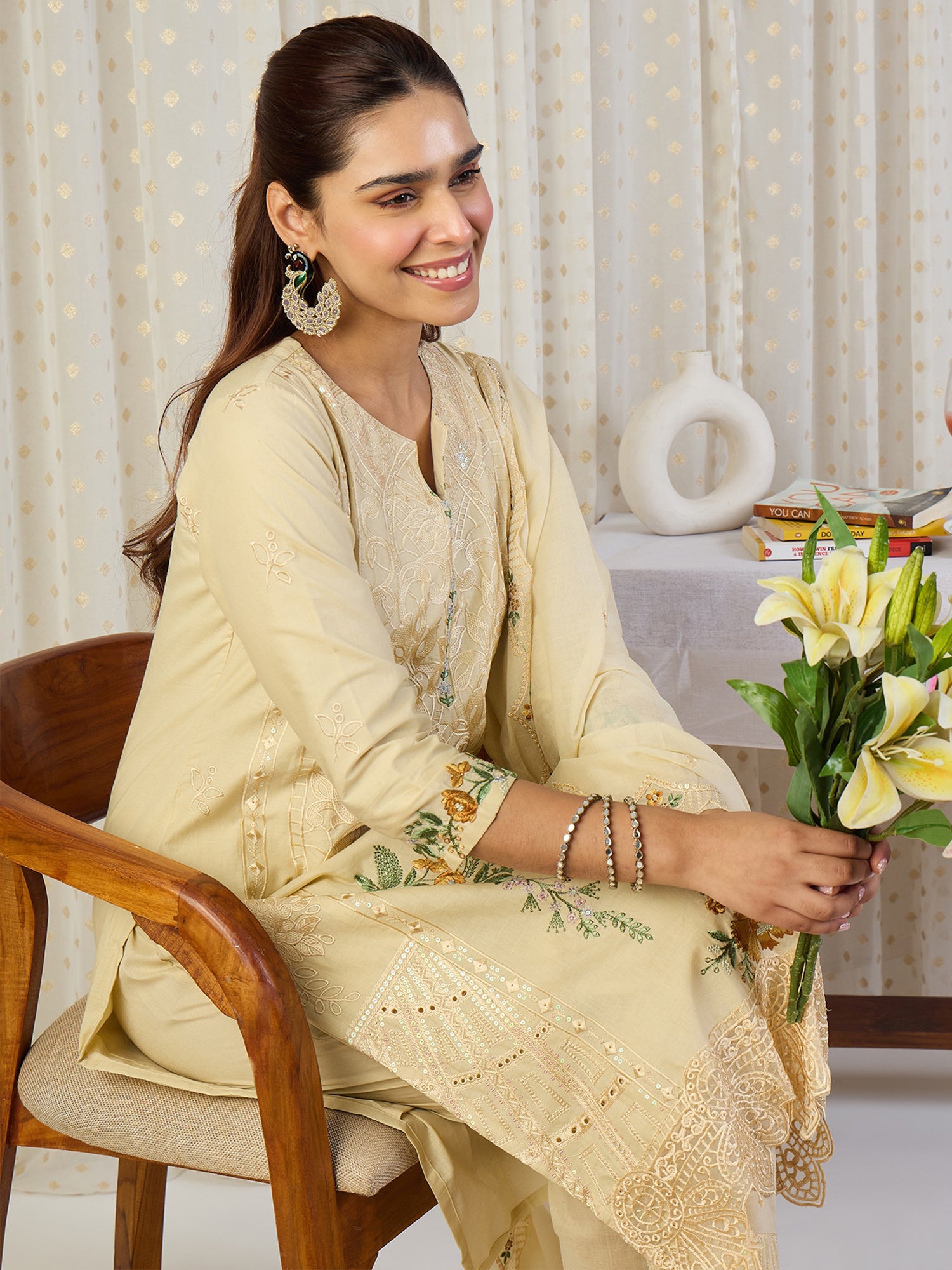 Indo Era Beige Embroidered Straight Kurta Trousers With Dupatta Set