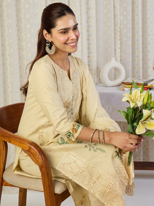 Indo Era Beige Embroidered Straight Kurta Trousers With Dupatta Set