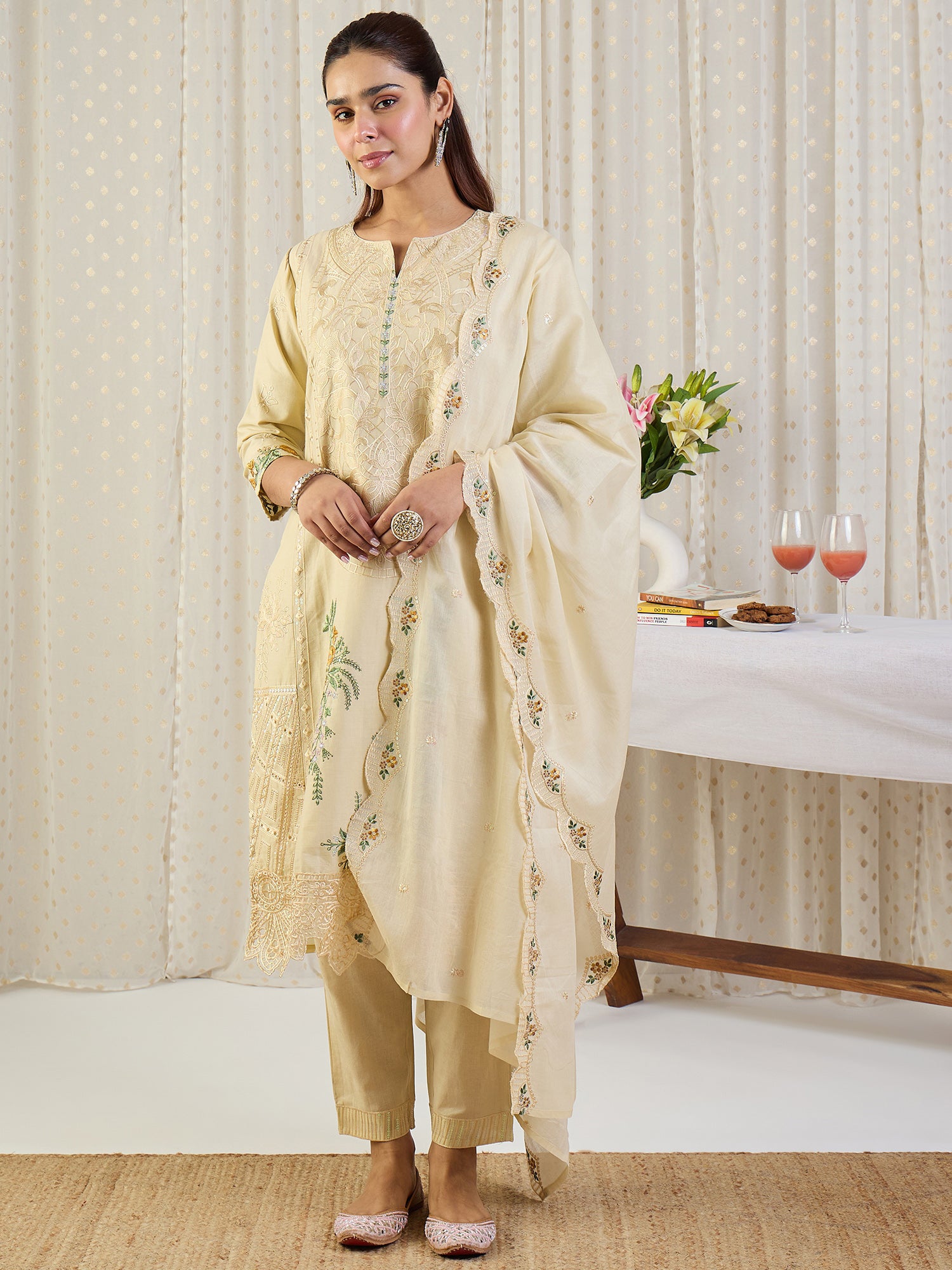 Indo Era Beige Embroidered Straight Kurta Trousers With Dupatta Set