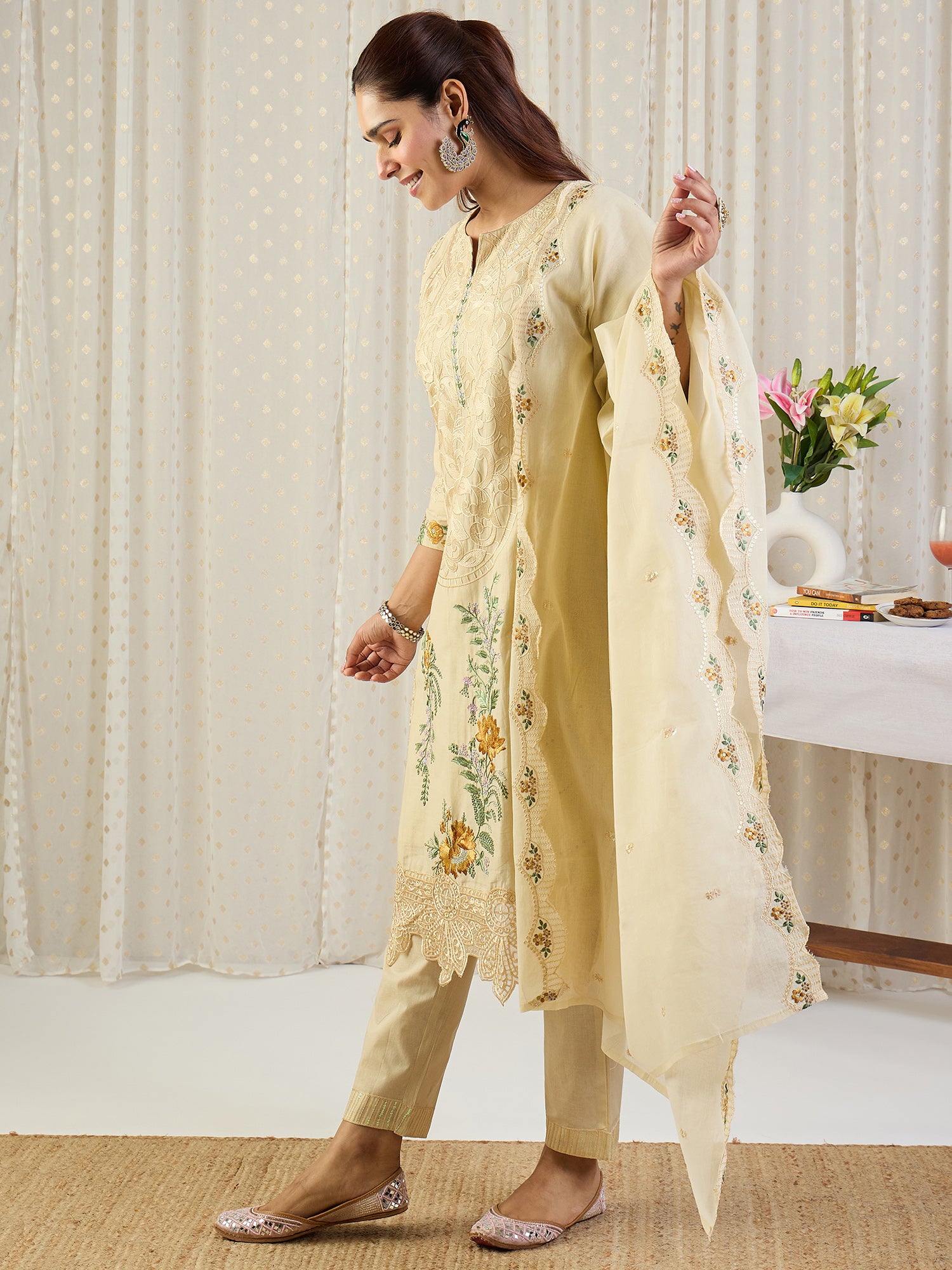 Indo Era Beige Embroidered Straight Kurta Trousers With Dupatta Set