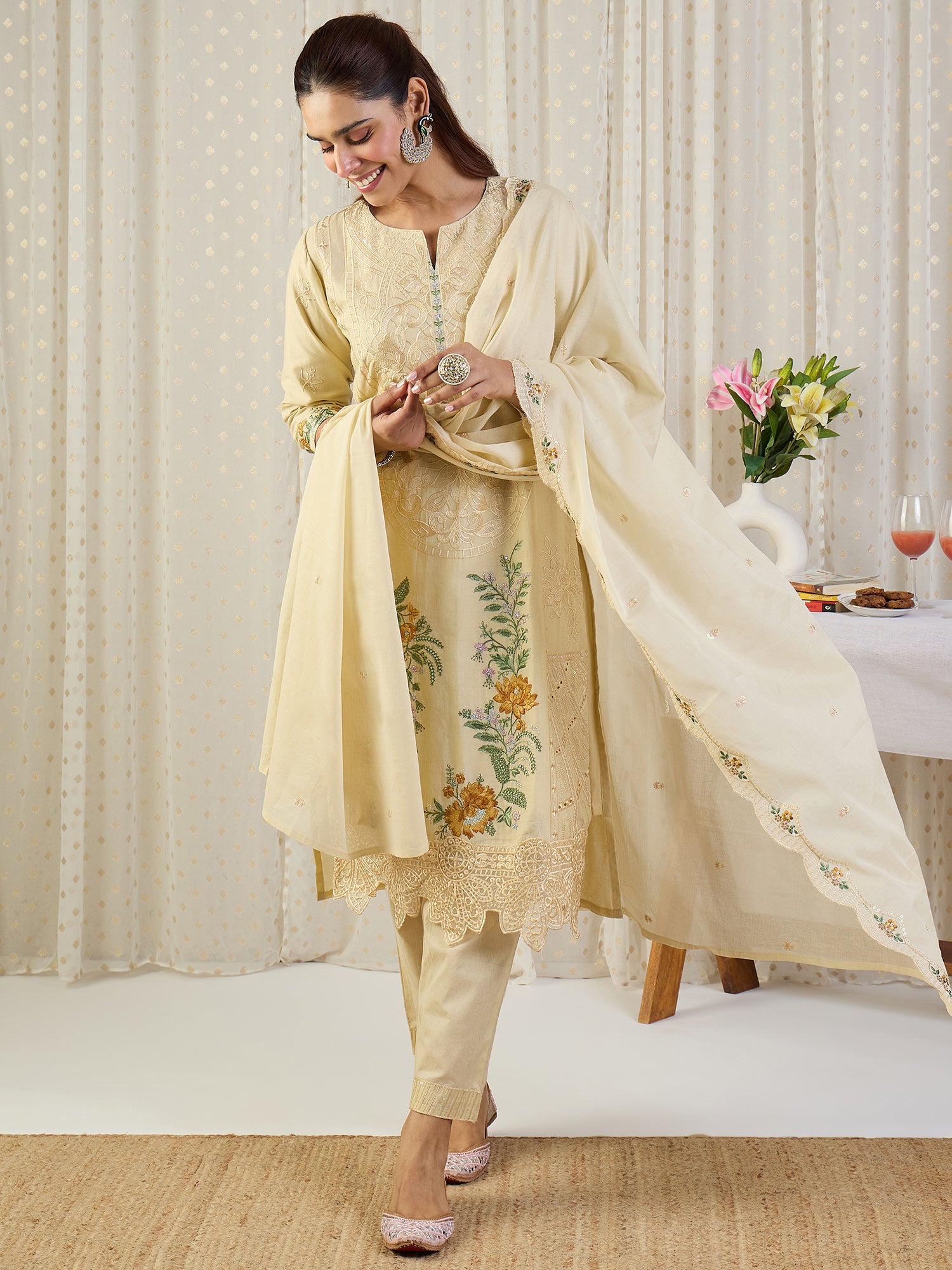 Indo Era Beige Embroidered Straight Kurta Trousers With Dupatta Set