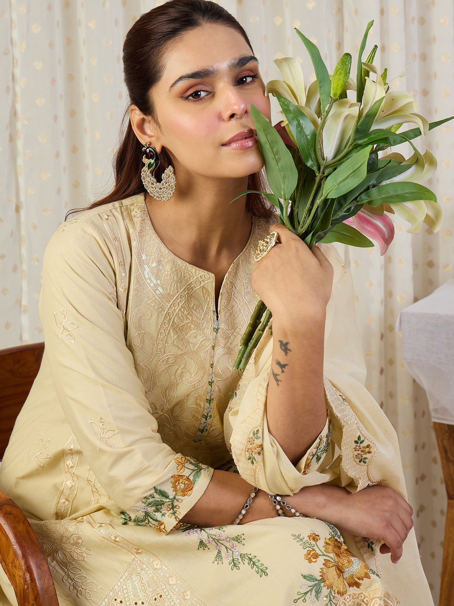 Indo Era Beige Embroidered Straight Kurta Trousers With Dupatta Set