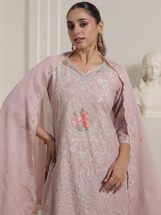 Lavender Embroidered Pure Cotton Straight Suit Sets With Dupatta