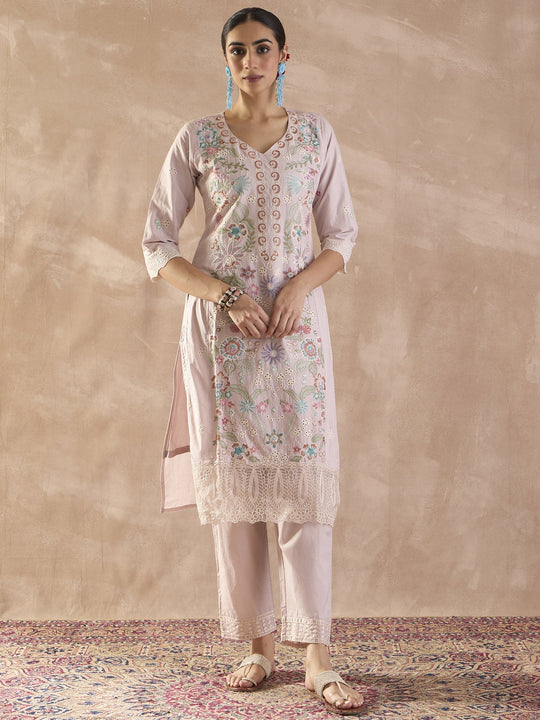Indo Era Lavender Embroidered Straight Kurta Trousers With Dupatta Set