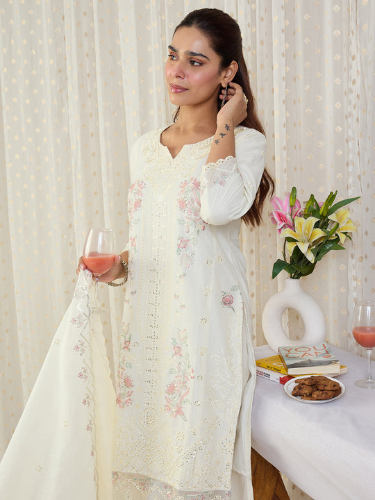 Indo Era Cream Embroidered Straight Kurta Trousers With Dupatta Set