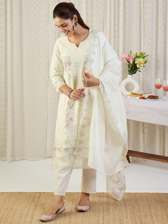Indo Era Cream Embroidered Straight Kurta Trousers With Dupatta Set