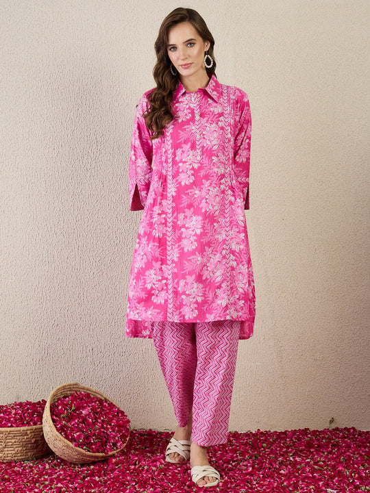 Pink Printed Pure Cotton A-Line Kurta Sets