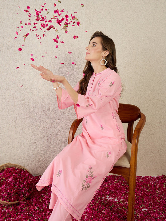 Pink Embroidered Pure Cotton Straight Kurta Sets