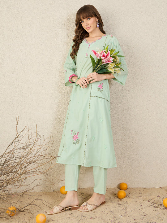 Green Embroidered Pure Cotton A-Line Kurta Trousers Set