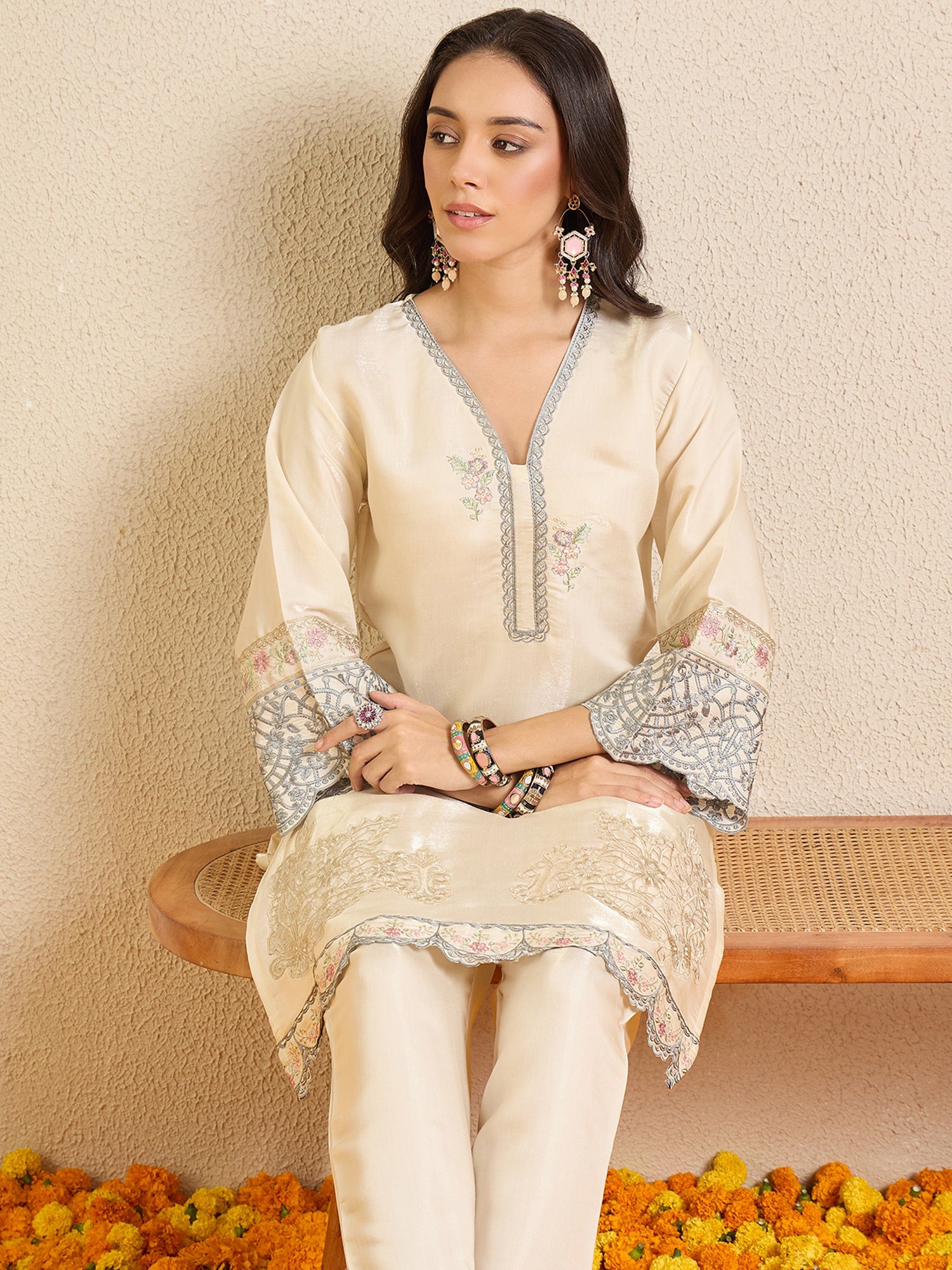 Indo Era Cream Embroidered Straight Kurta Palazzos Set