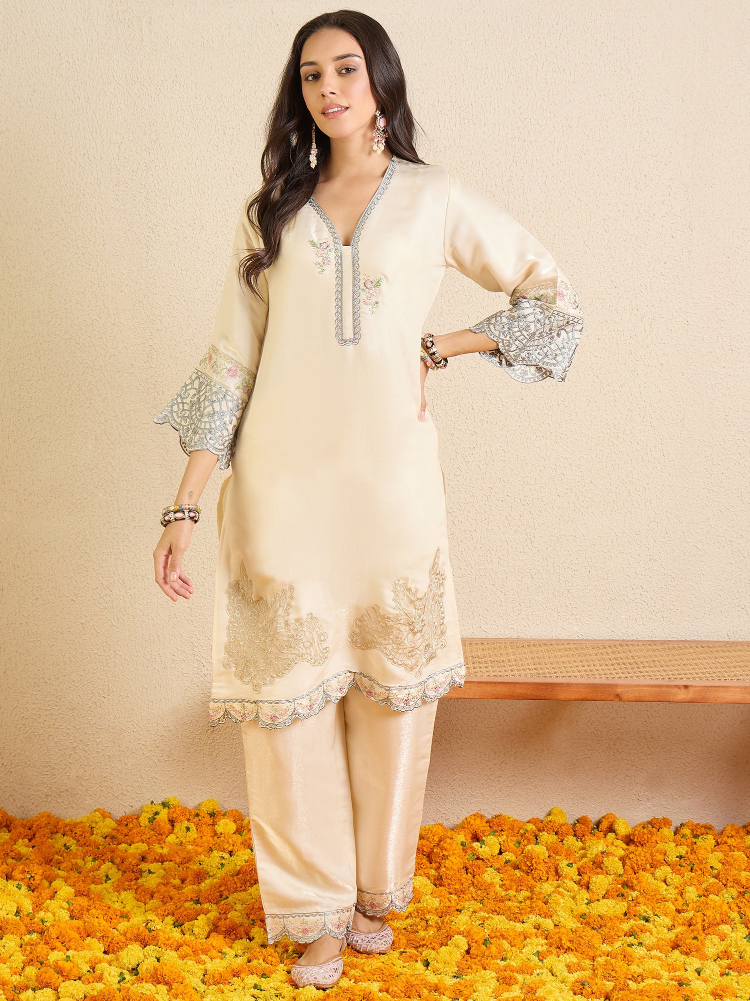 Indo Era Cream Embroidered Straight Kurta Palazzos Set