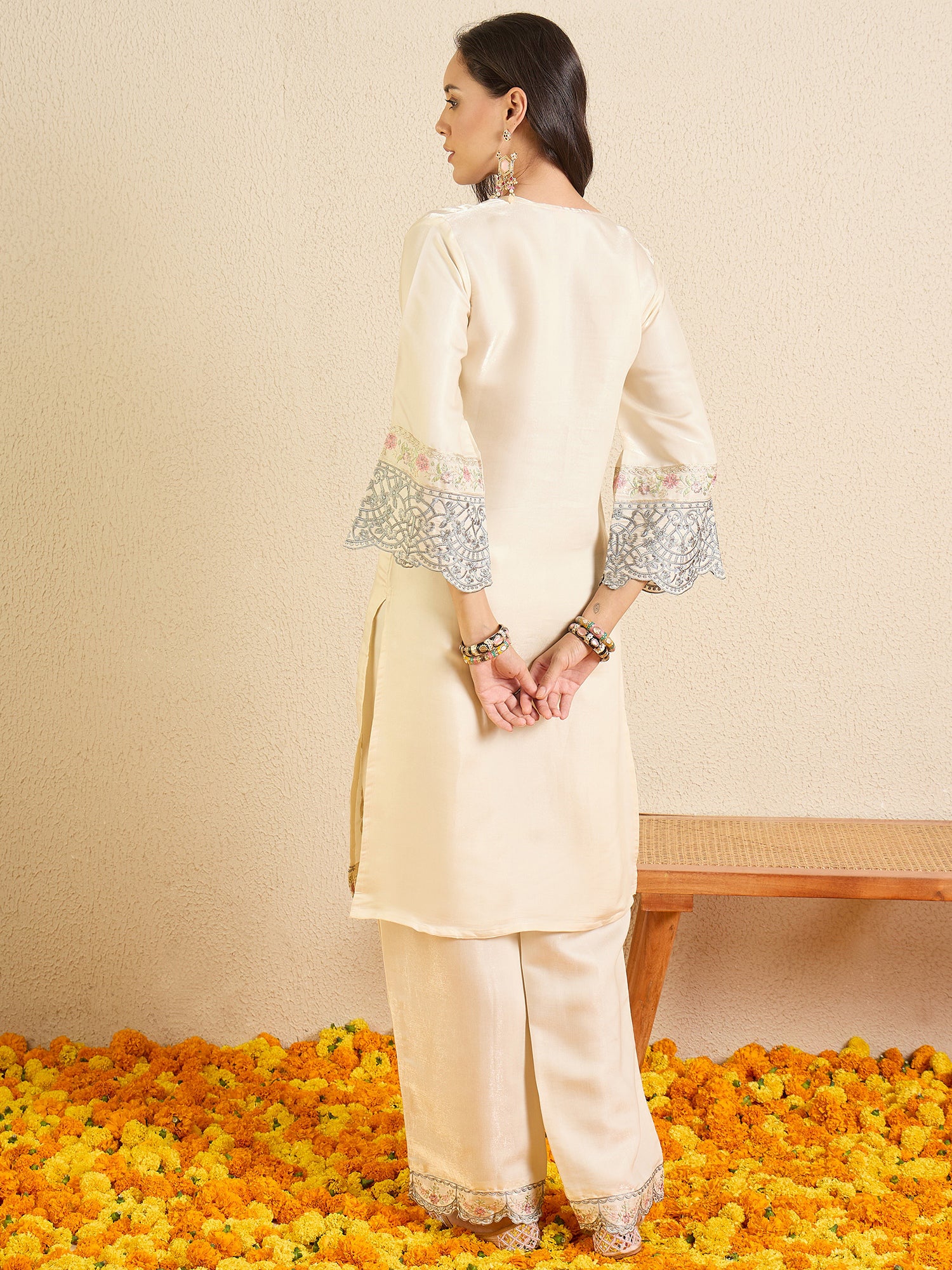 Indo Era Cream Embroidered Straight Kurta Palazzos Set