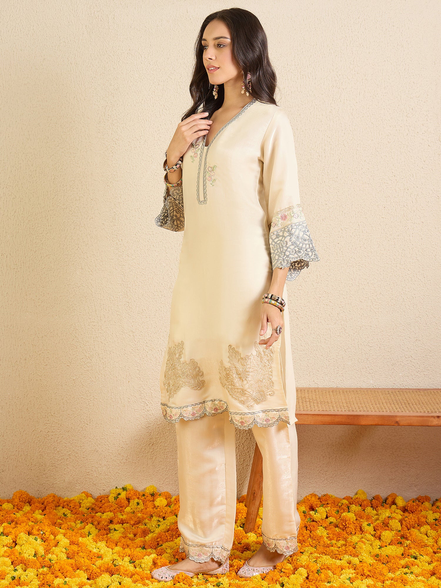 Indo Era Cream Embroidered Straight Kurta Palazzos Set