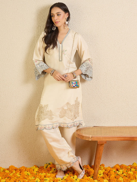 Indo Era Cream Embroidered Straight Kurta Palazzos Set