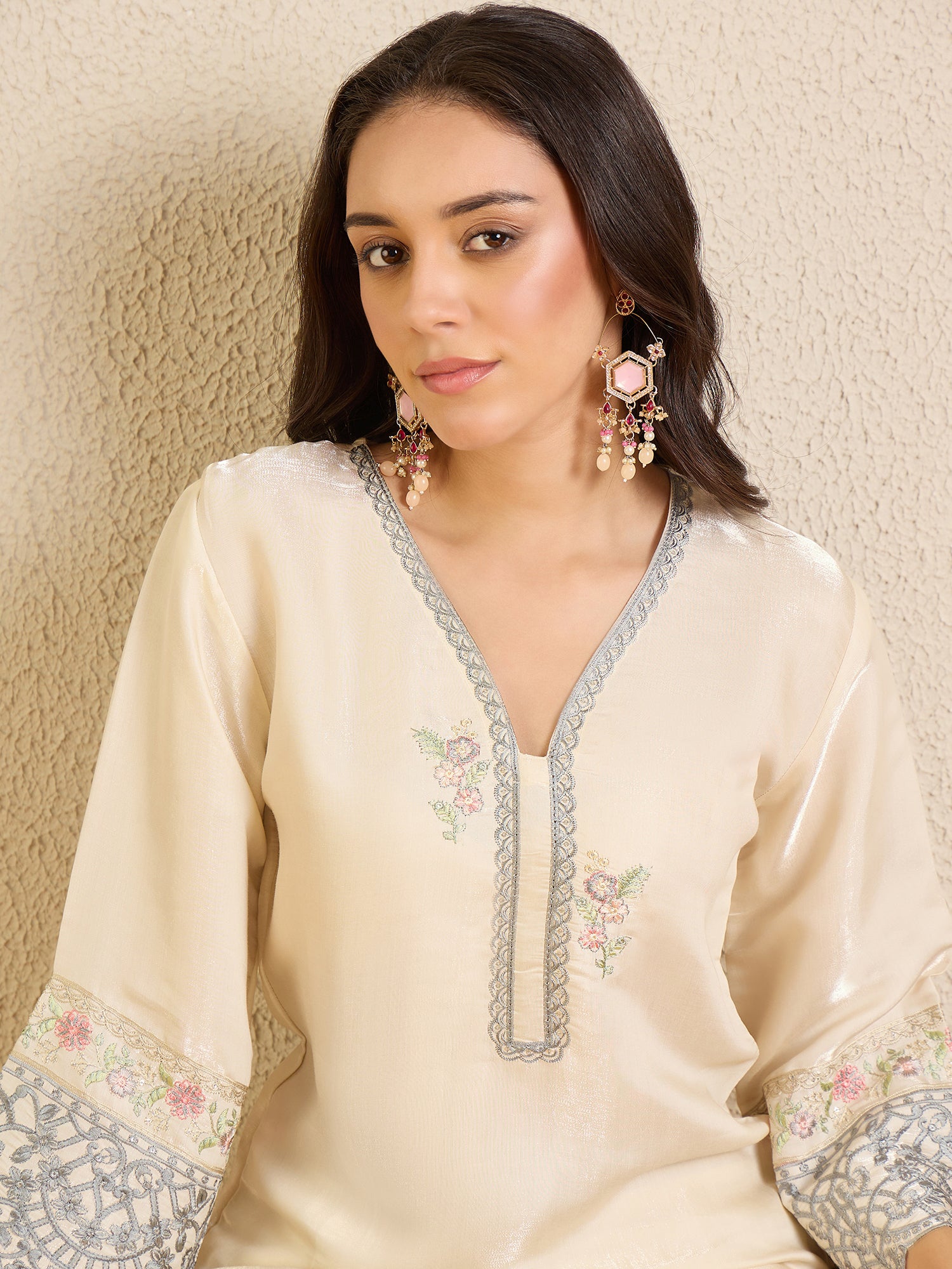 Indo Era Cream Embroidered Straight Kurta Palazzos Set