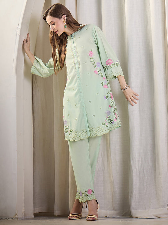 Green Embroidered Pure Cotton A-Line Kurta Palazzo Set