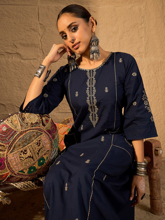 Blue Embroidered Pure Cotton A-Line Kurta Trouser Set