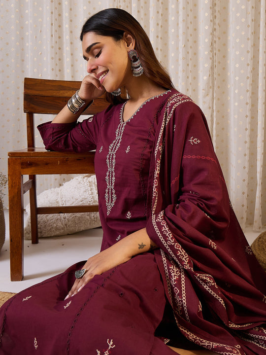 Maroon Embroidered Pure Cotton Straight Suit Sets With Dupatta