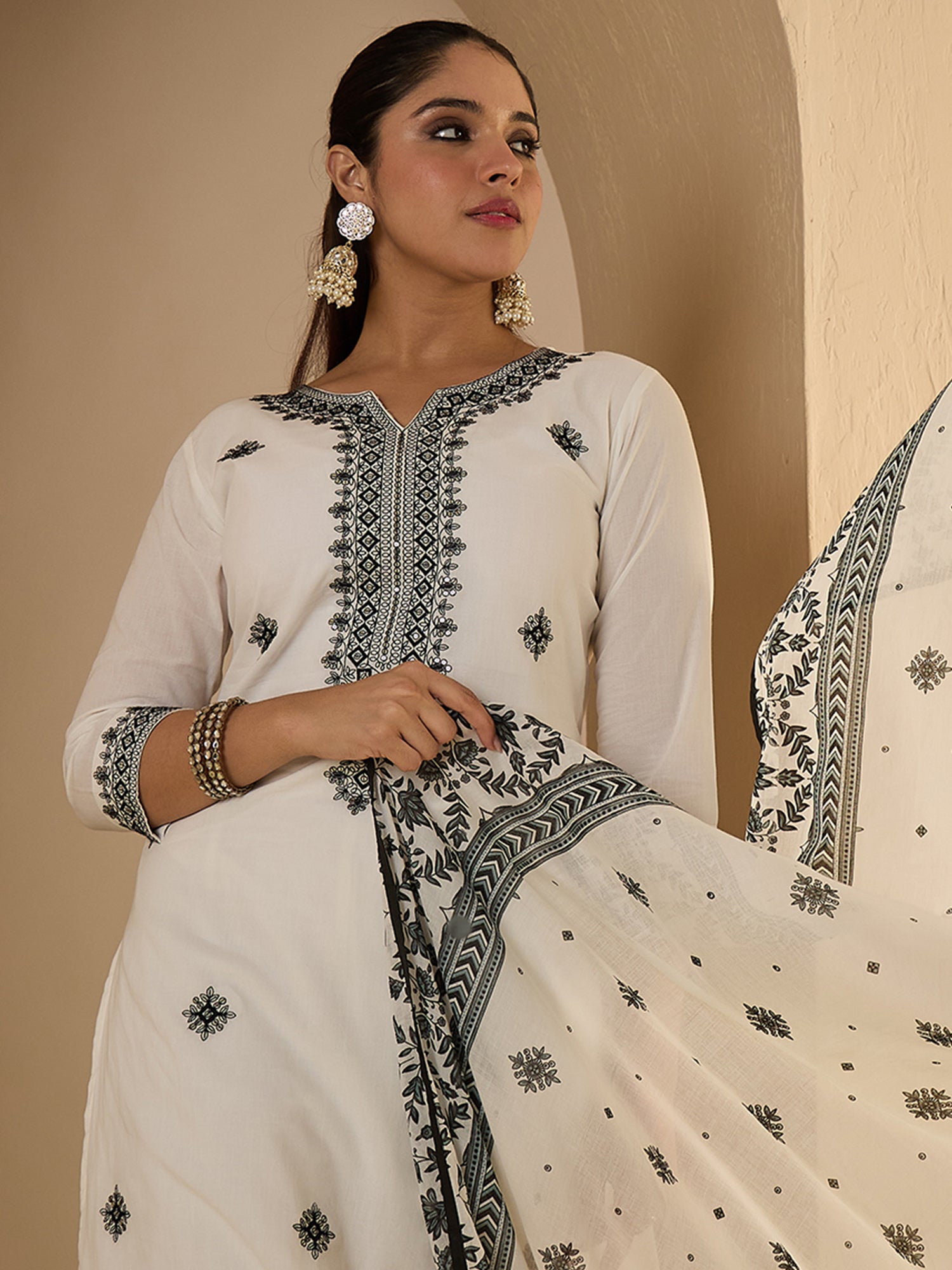 White Embroidered Pure Cotton Straight Kurta Sets With Dupatta