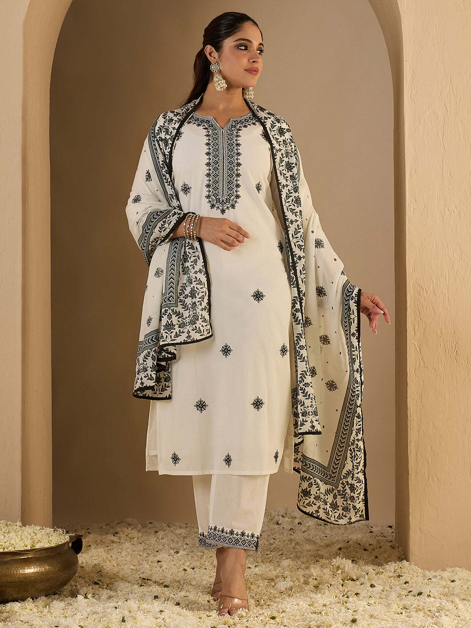 White Embroidered Pure Cotton Straight Kurta Sets With Dupatta