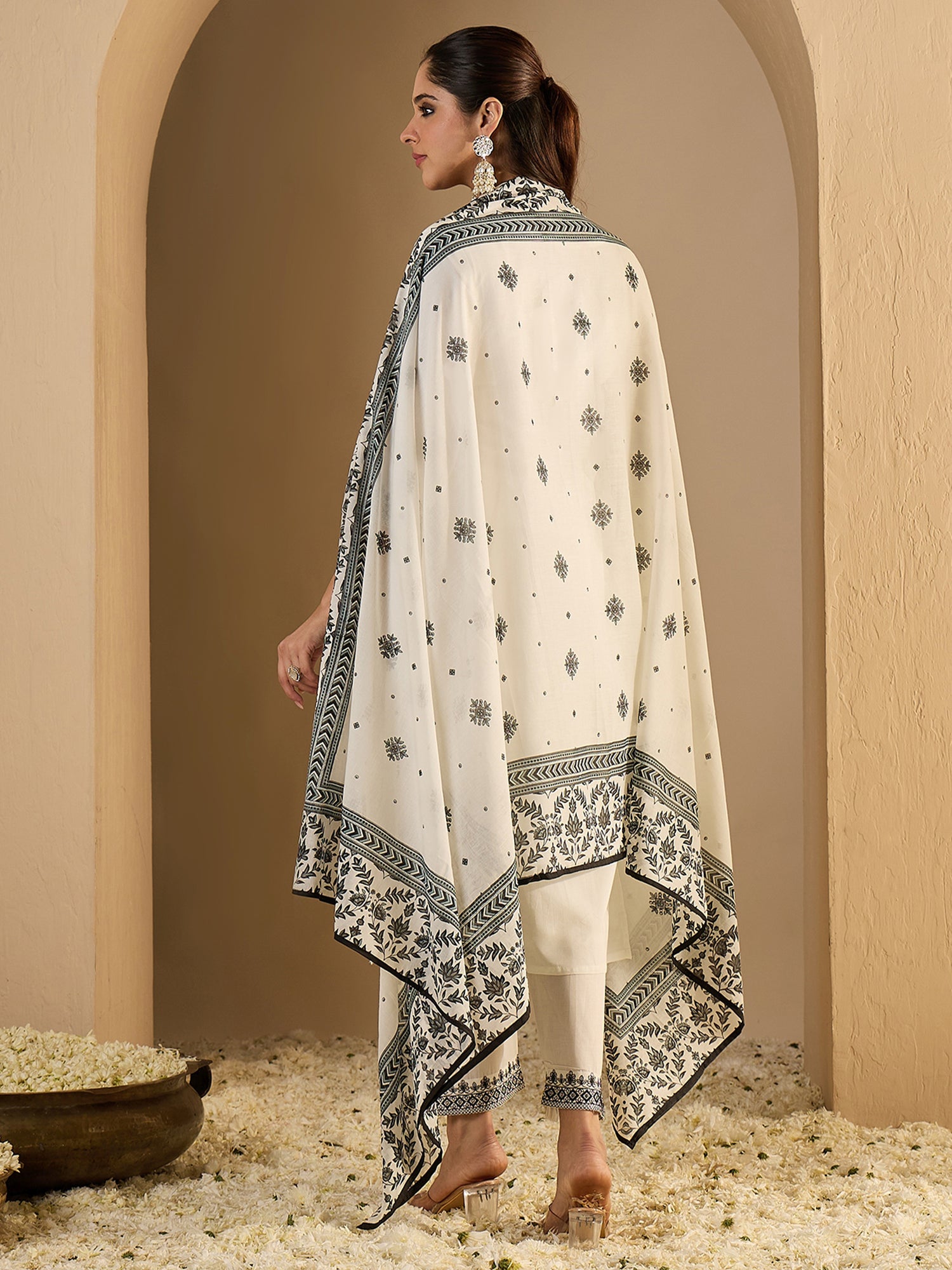 White Embroidered Pure Cotton Straight Kurta Sets With Dupatta