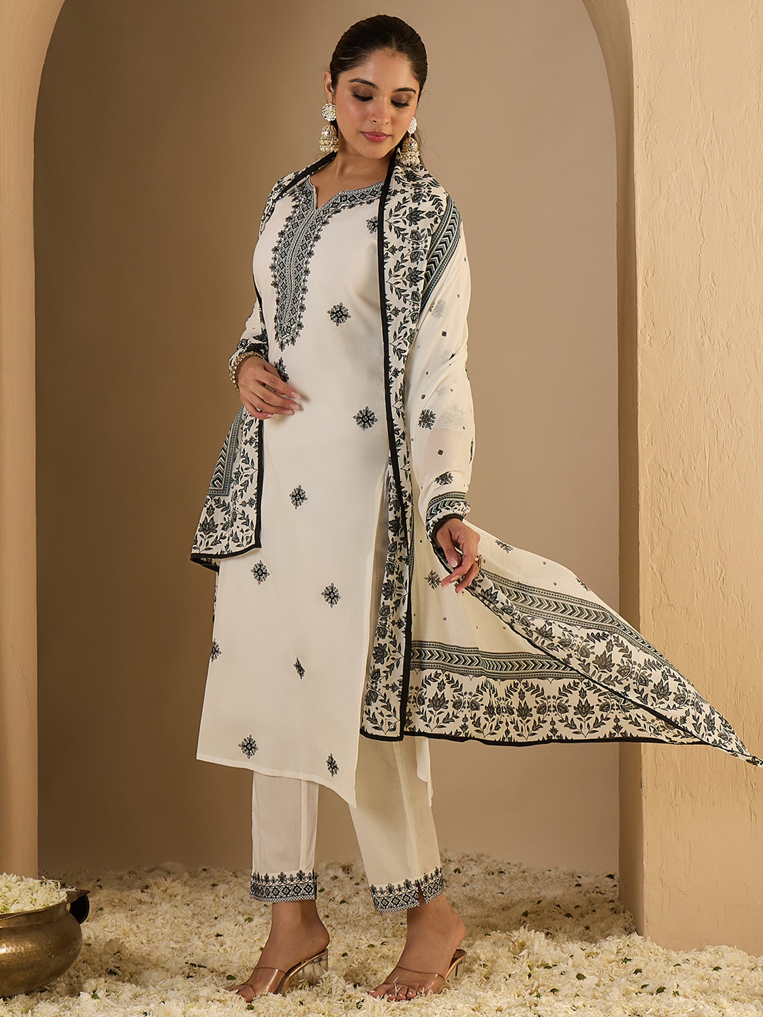White Embroidered Pure Cotton Straight Kurta Sets With Dupatta