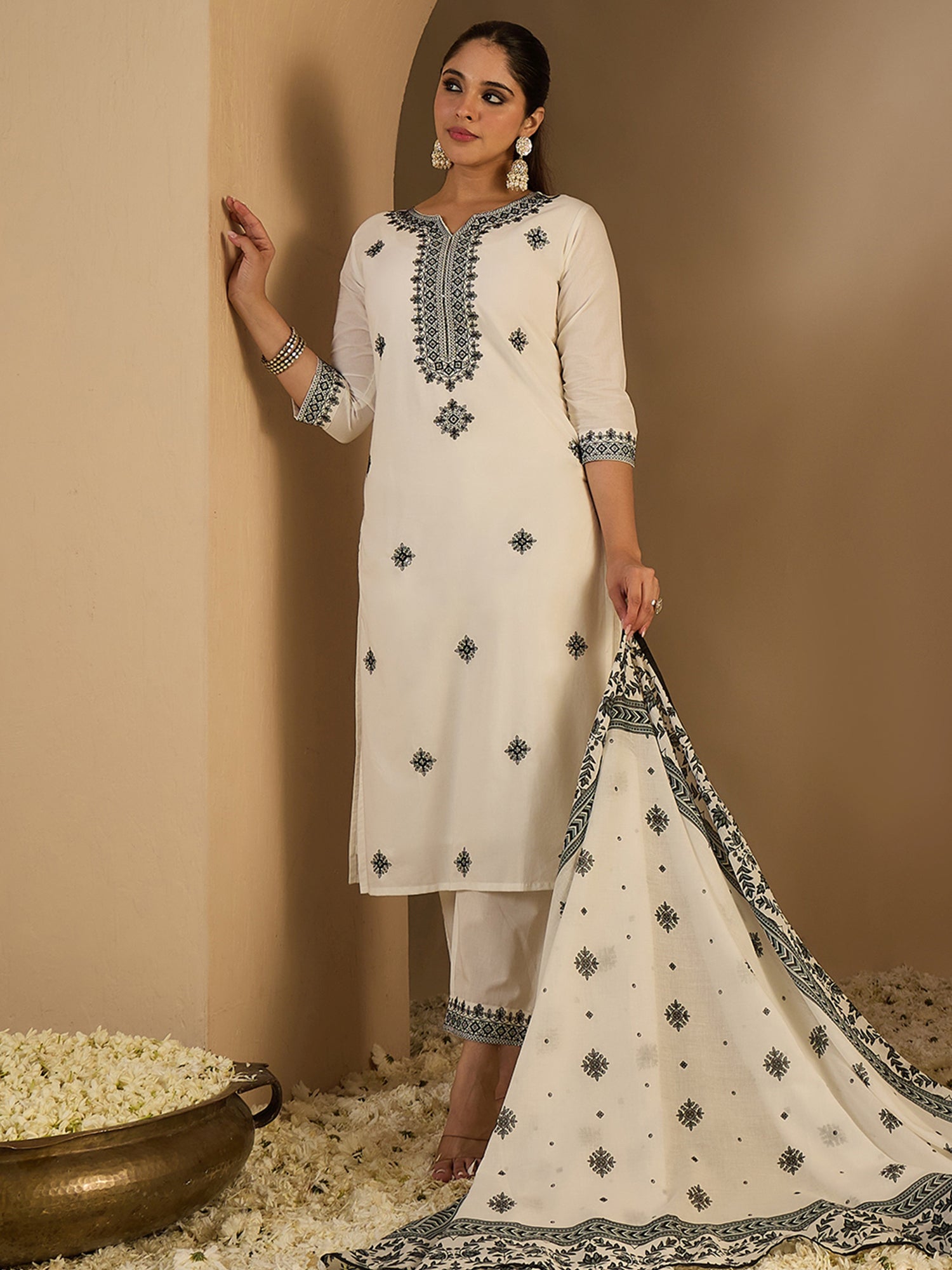 White Embroidered Pure Cotton Straight Kurta Sets With Dupatta