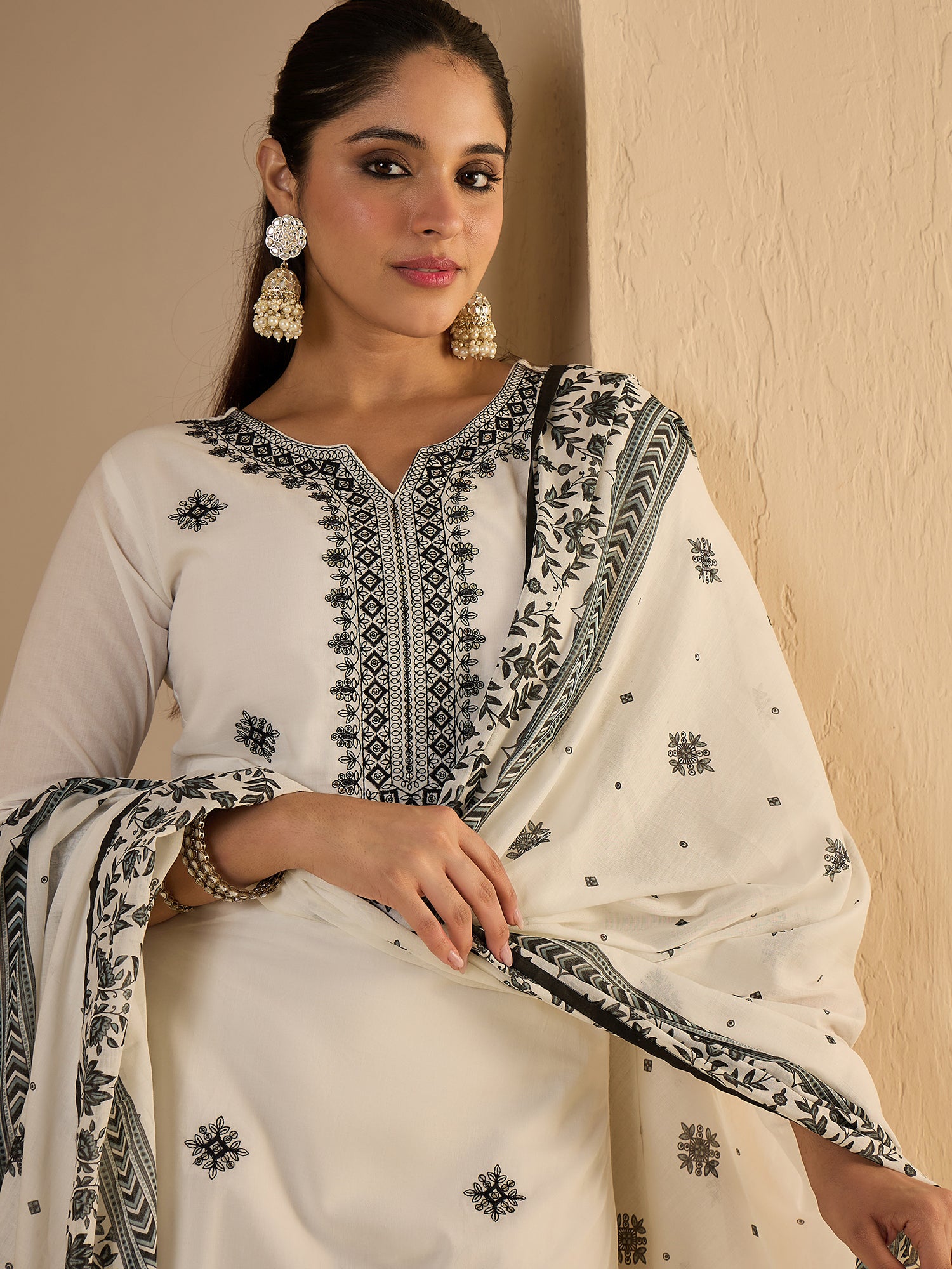 White Embroidered Pure Cotton Straight Kurta Sets With Dupatta