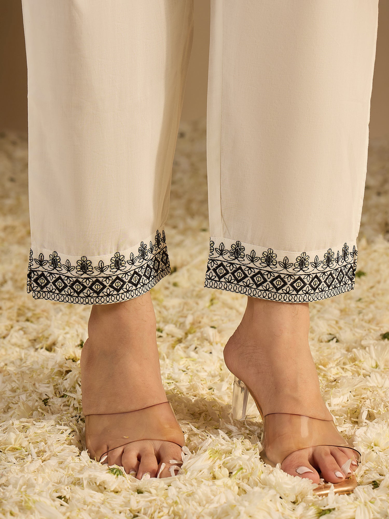 White Embroidered Pure Cotton Straight Kurta Sets With Dupatta