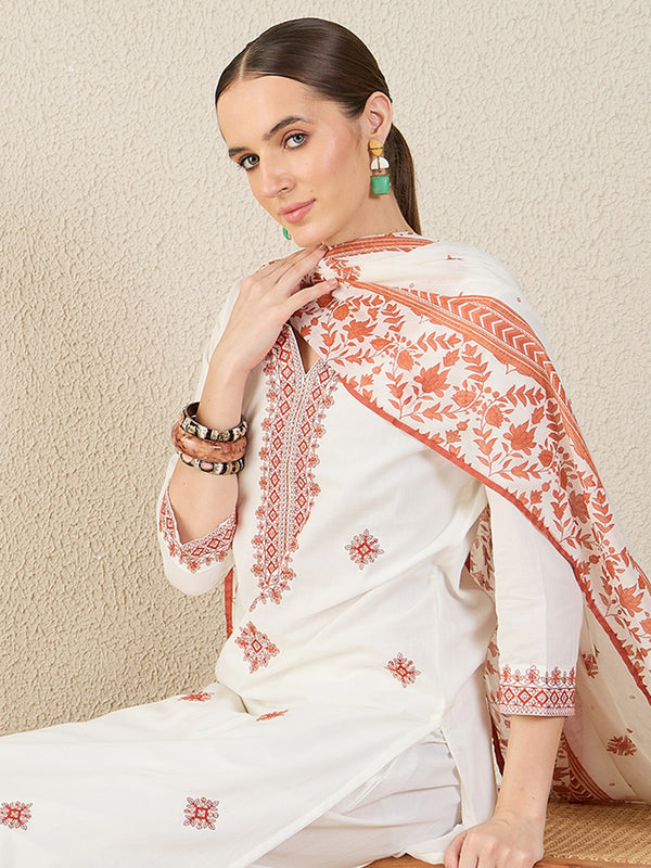 White Embroidered Pure Cotton Straight Kurta Sets With Dupatta
