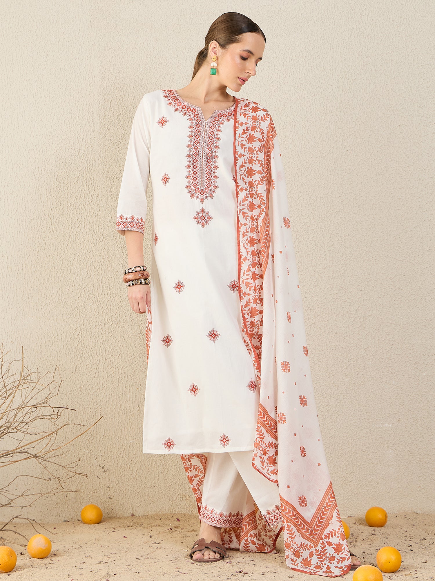 White Embroidered Pure Cotton Straight Kurta Sets With Dupatta