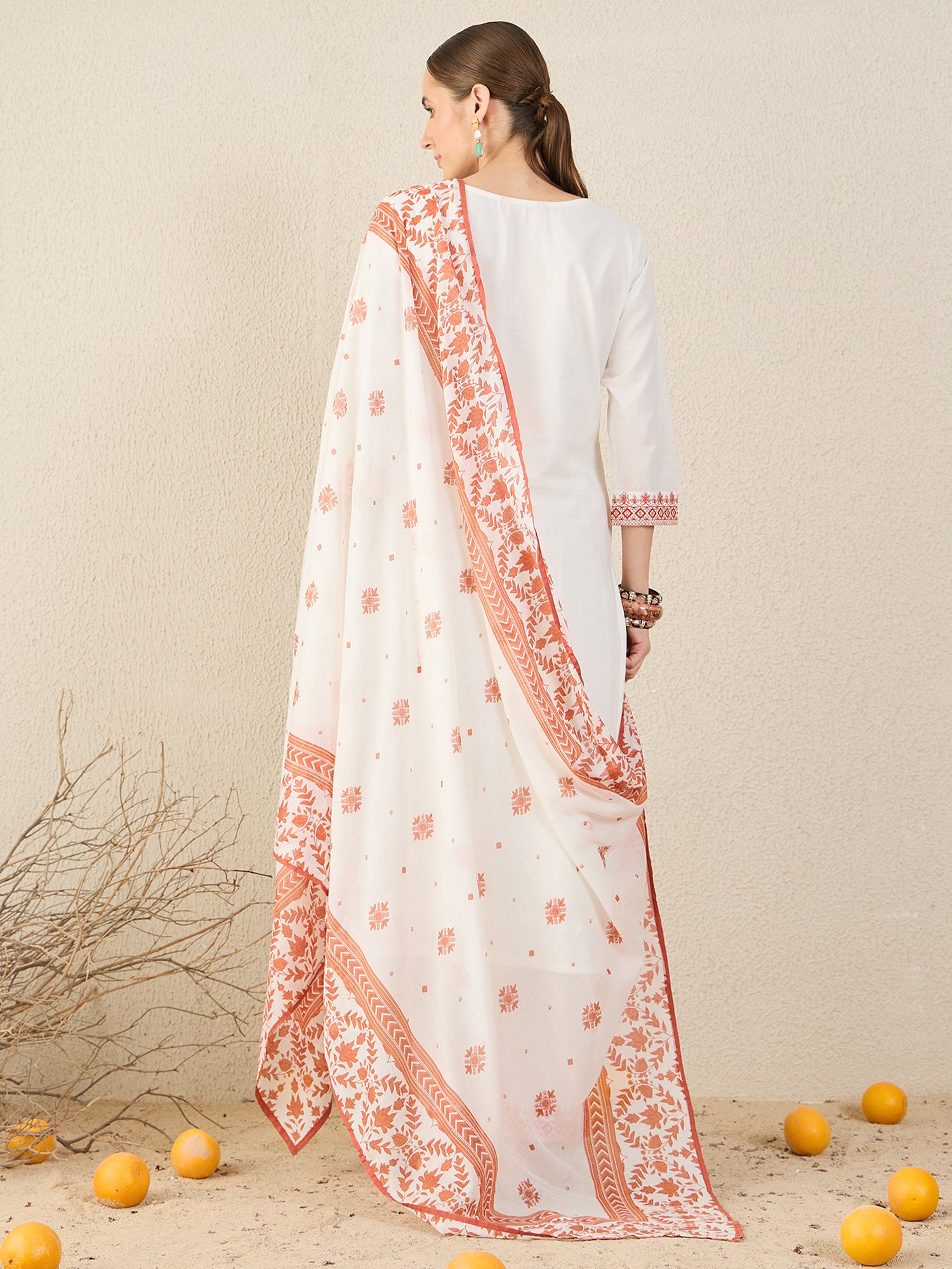 White Embroidered Pure Cotton Straight Kurta Sets With Dupatta