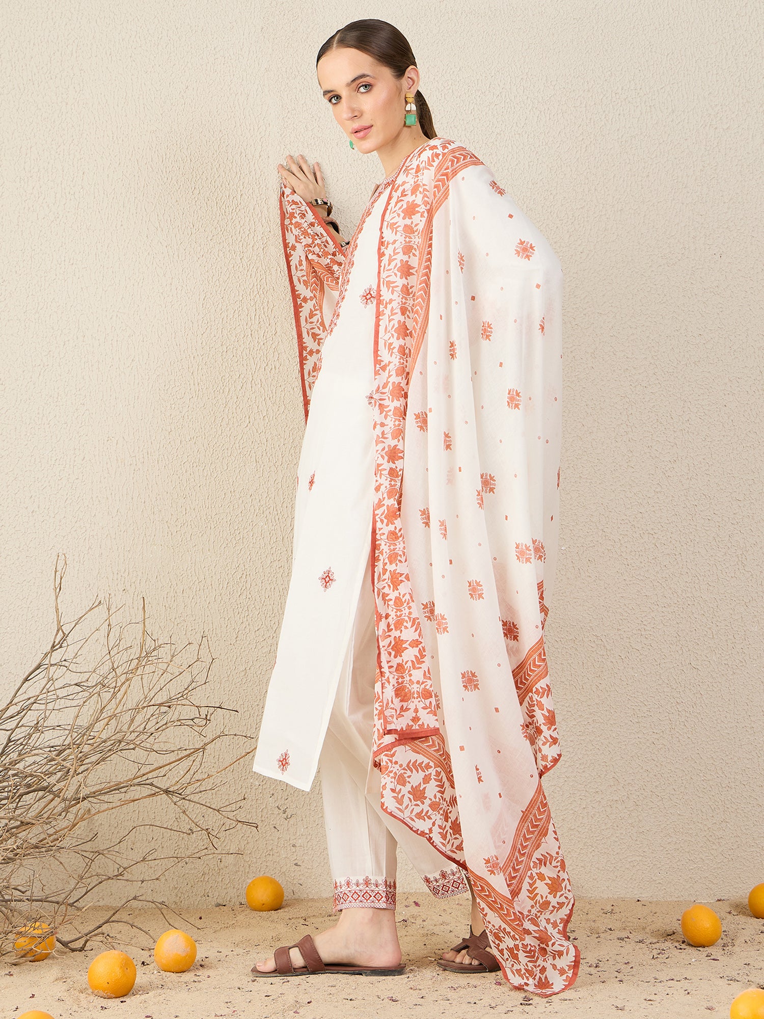 White Embroidered Pure Cotton Straight Kurta Sets With Dupatta