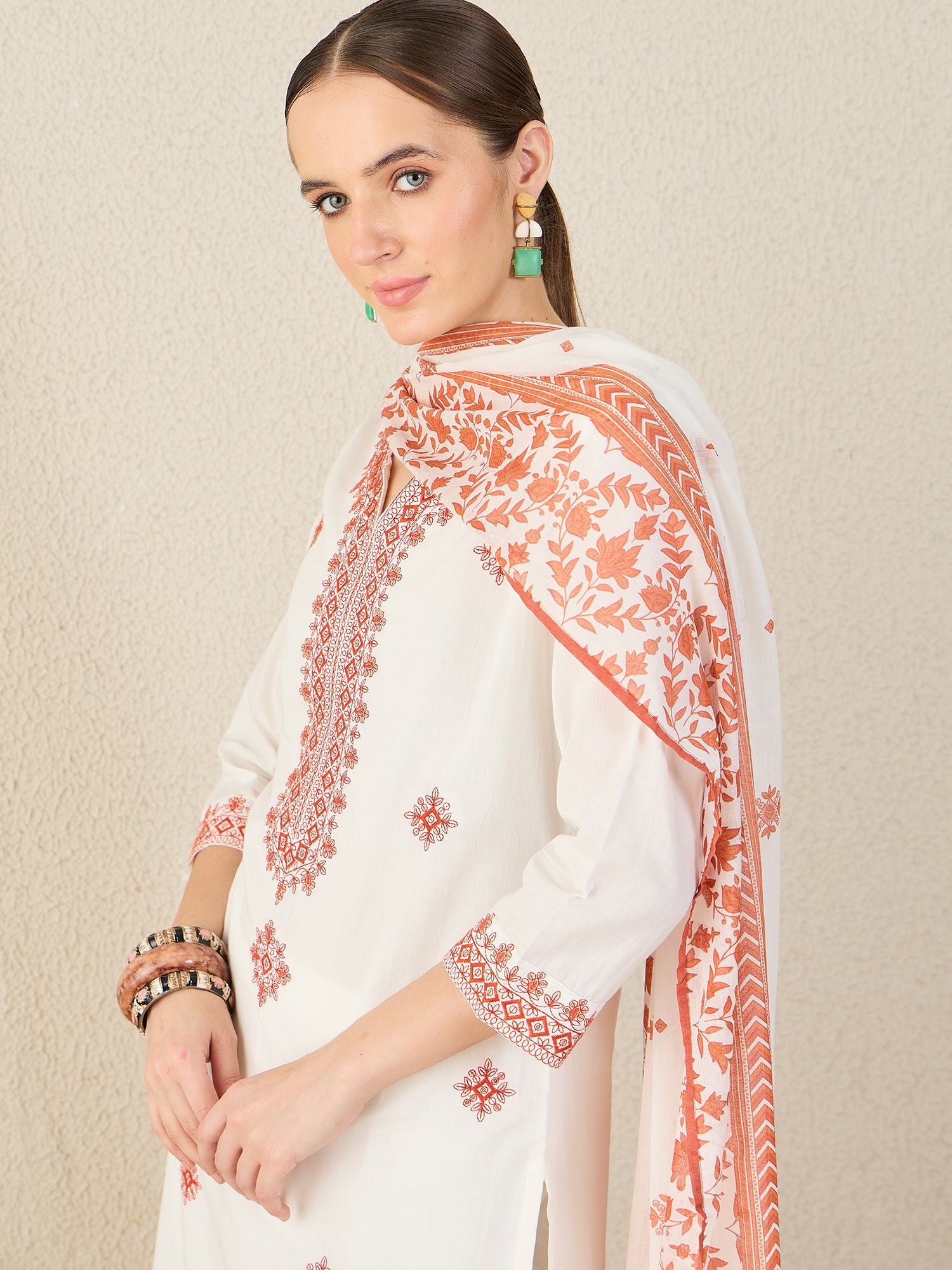 White Embroidered Pure Cotton Straight Kurta Sets With Dupatta
