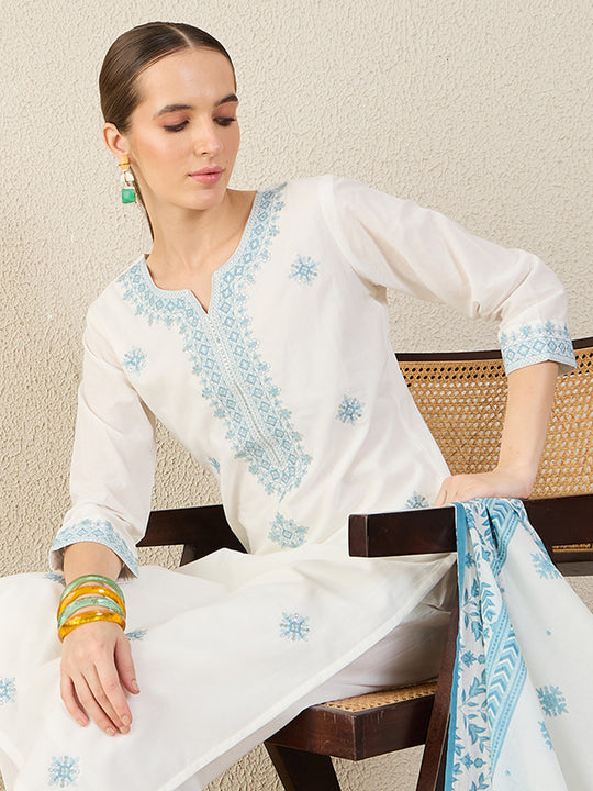 White Embroidered Pure Cotton Straight Kurta Sets With Dupatta