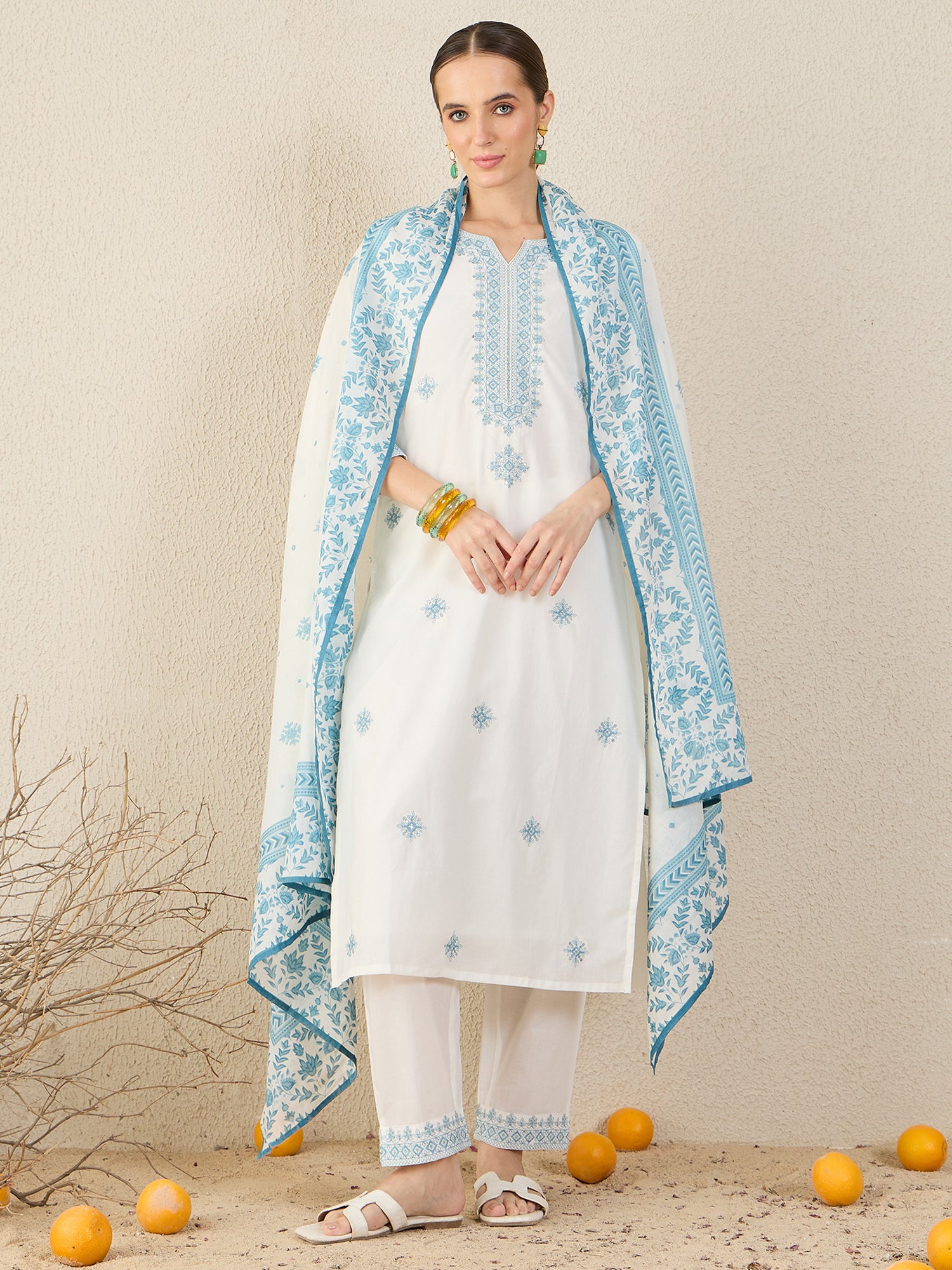 White Embroidered Pure Cotton Straight Kurta Sets With Dupatta