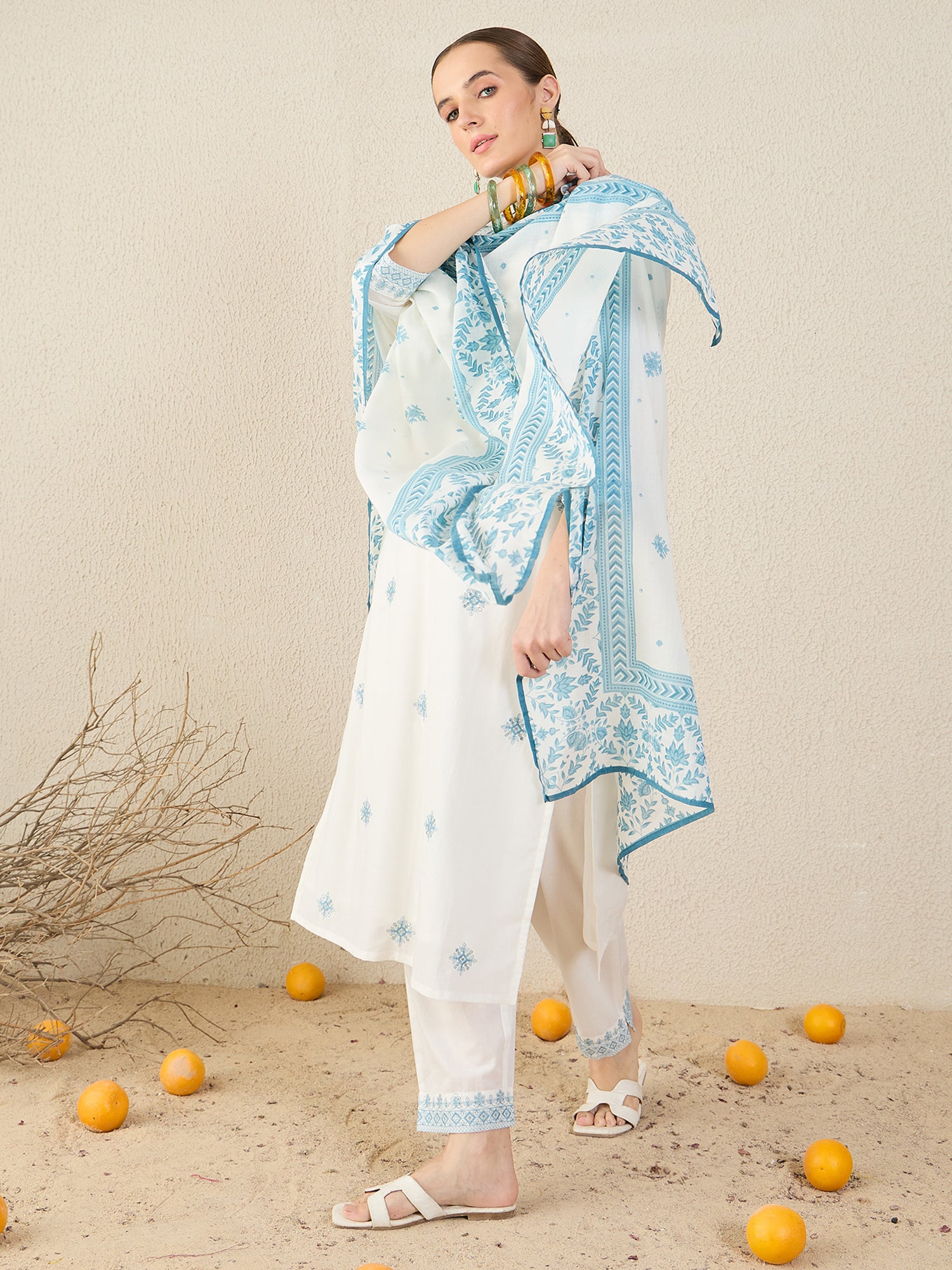 White Embroidered Pure Cotton Straight Kurta Sets With Dupatta