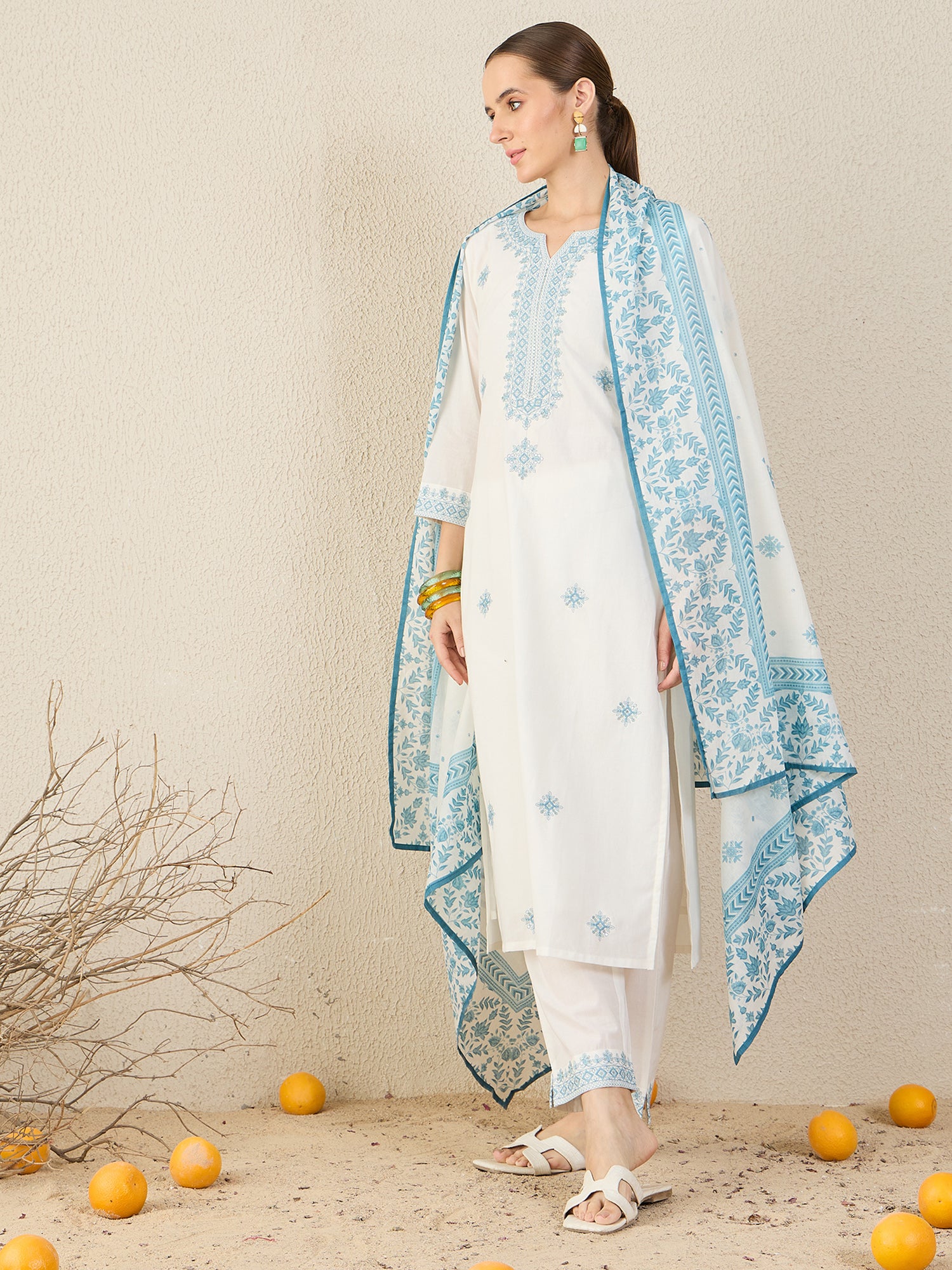 White Embroidered Pure Cotton Straight Kurta Sets With Dupatta