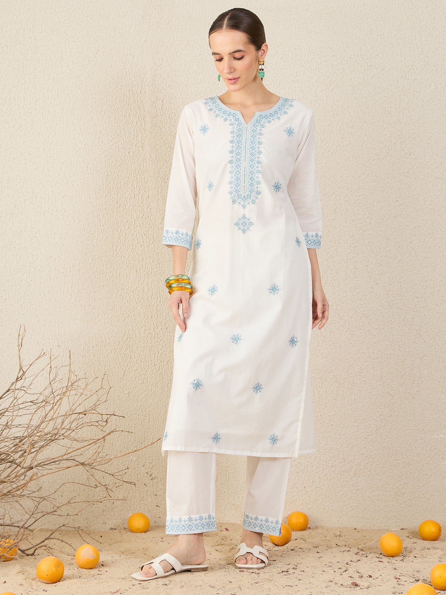 White Embroidered Pure Cotton Straight Kurta Sets With Dupatta