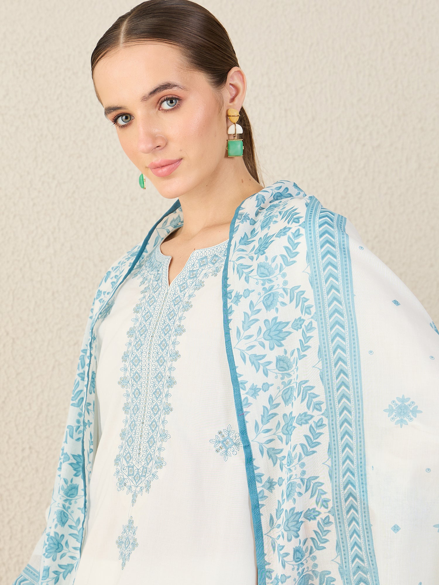 White Embroidered Pure Cotton Straight Kurta Sets With Dupatta